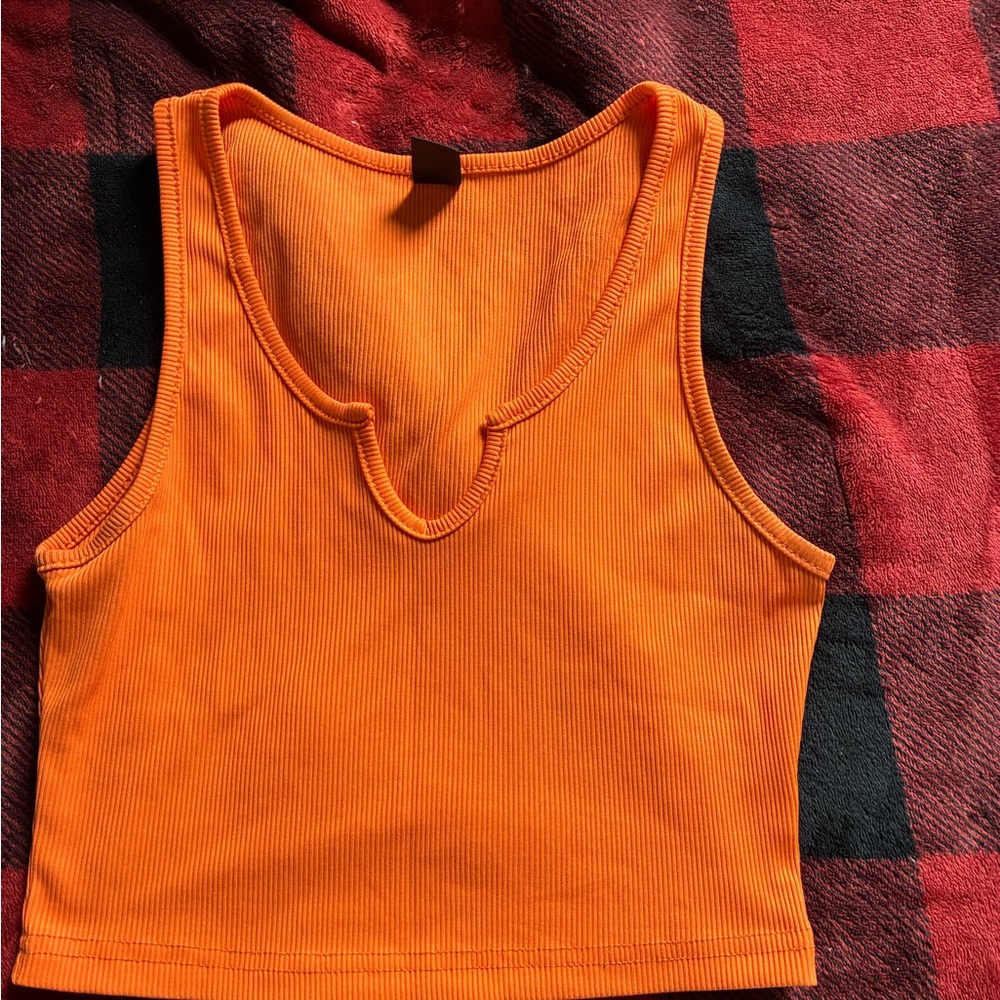 SHEIN Bright Orange Ribbed Notch-Neck Tank